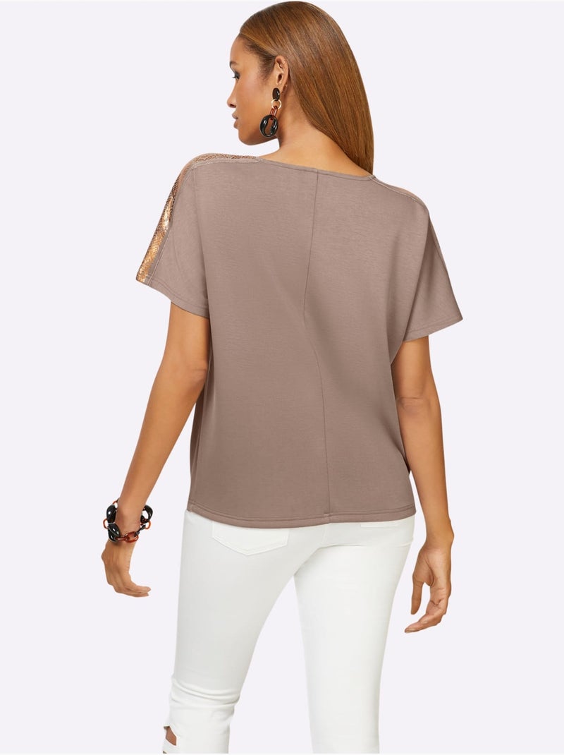 T-shirt à Col Bénitier Mélange De Modal Doux - Taille Standard - Helline Gris Marron - Kiabi