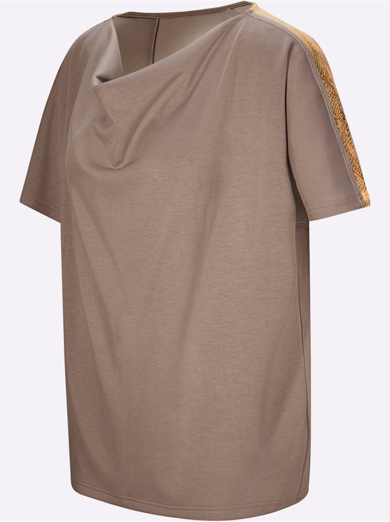 T-shirt à Col Bénitier Mélange De Modal Doux - Taille Standard - Helline Gris Marron - Kiabi