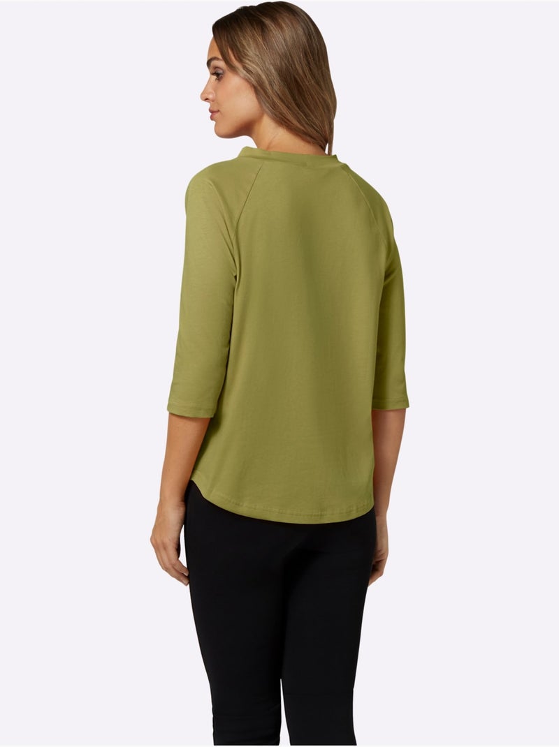 T-shirt à col corolle avec manches raglan 3/4 en matière confortable - taille standard - moda vilona Vert olive - Kiabi