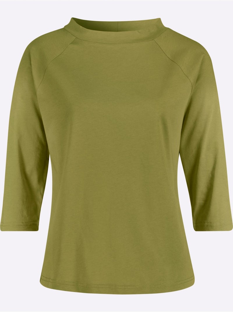 T-shirt à col corolle avec manches raglan 3/4 en matière confortable - taille standard - moda vilona Vert olive - Kiabi