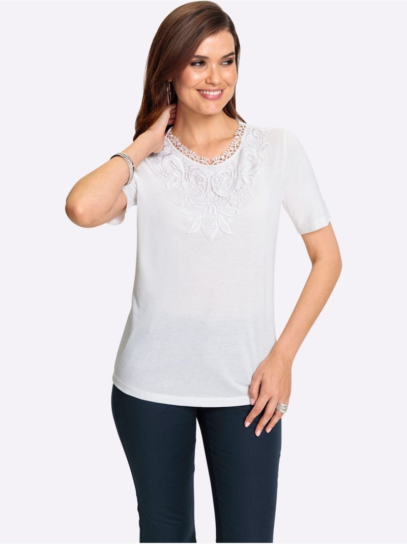 T shirt à col en dentelle et manches courtes - taille standard - witt Ecru - Kiabi