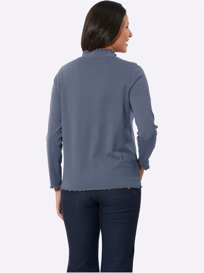 T-shirt à col montant à manches longues avec finitions ondulées - taille standard - moda vilona Bleu gris - Kiabi