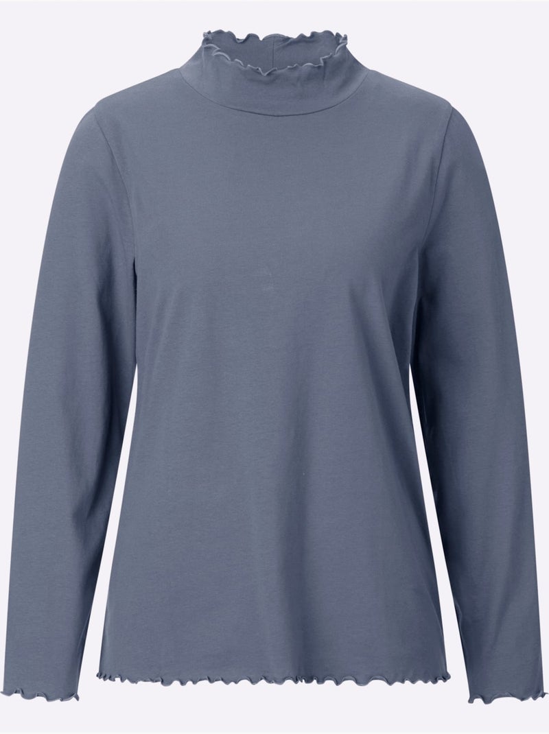 T-shirt à col montant à manches longues avec finitions ondulées - taille standard - moda vilona Bleu gris - Kiabi