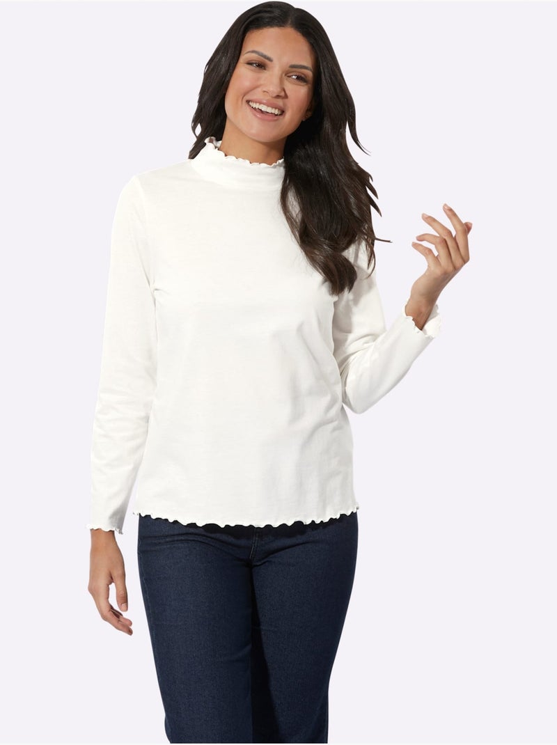 T-shirt à col montant avec finitions ondulées et manches longues - taille standard - moda vilona Ecru - Kiabi