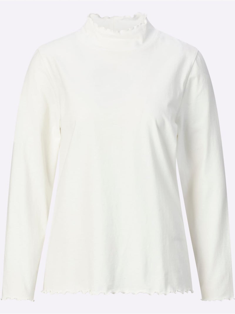 T-shirt à col montant avec finitions ondulées et manches longues - taille standard - moda vilona Ecru - Kiabi