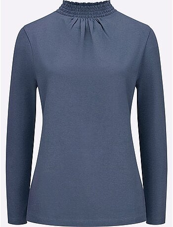 T-shirt à col smocké avec manches longues et fronces - taille standard - moda vilona