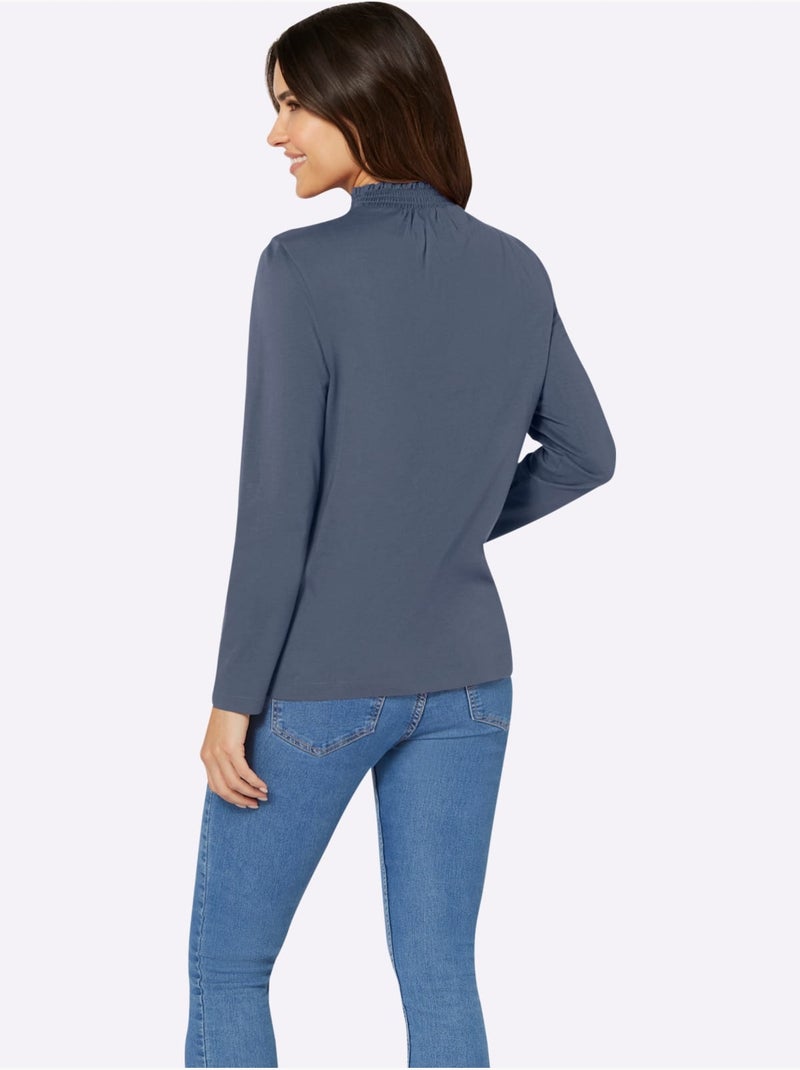T-shirt à col montant avec fronces et empiecements en smock - taille standard - moda vilona Bleu gris - Kiabi