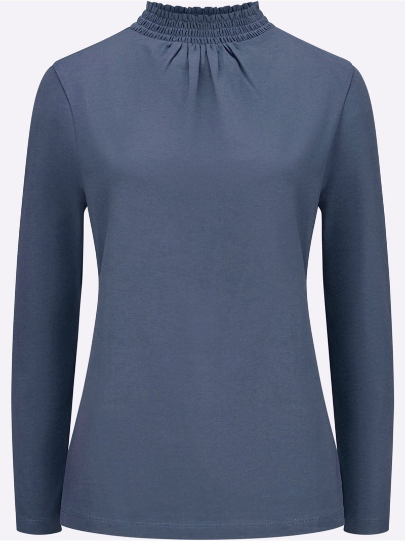 T-shirt à col montant avec fronces et empiecements en smock - taille standard - moda vilona Bleu gris - Kiabi