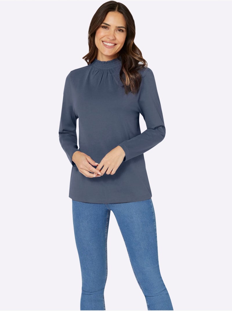 T-shirt à col montant avec fronces et empiecements en smock - taille standard - moda vilona Bleu gris - Kiabi
