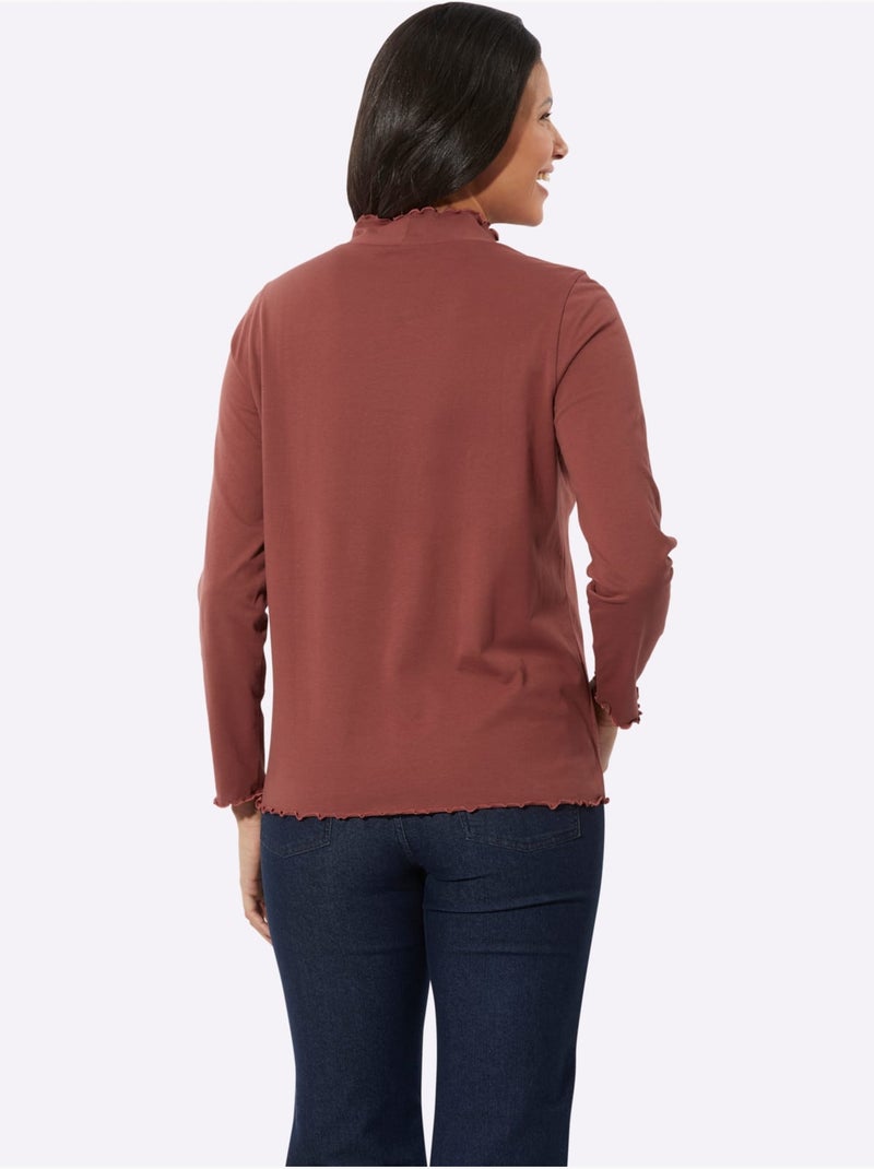 T-shirt à col montant avec manches longues et finitions ondulées - taille standard - moda vilona Marron - Kiabi