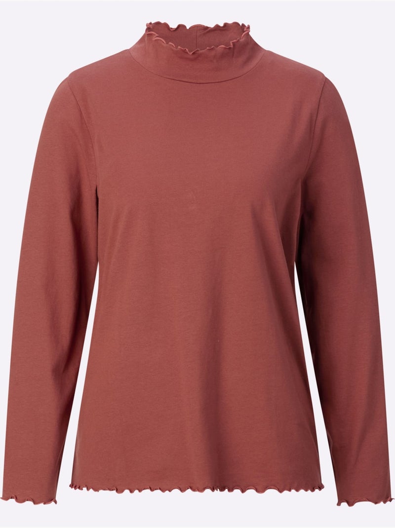 T-shirt à col montant avec manches longues et finitions ondulées - taille standard - moda vilona Marron - Kiabi