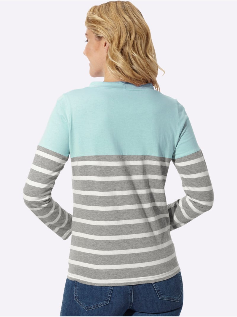 T-shirt à col montant col avec coulisse et lien à nouer - taille standard - moda vilona Menthe/Gris/Blanc - Kiabi