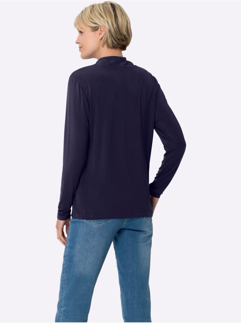 T-shirt à col montant et manches longues en viscose douce - taille standard - moda vilona Bleu marine - Kiabi