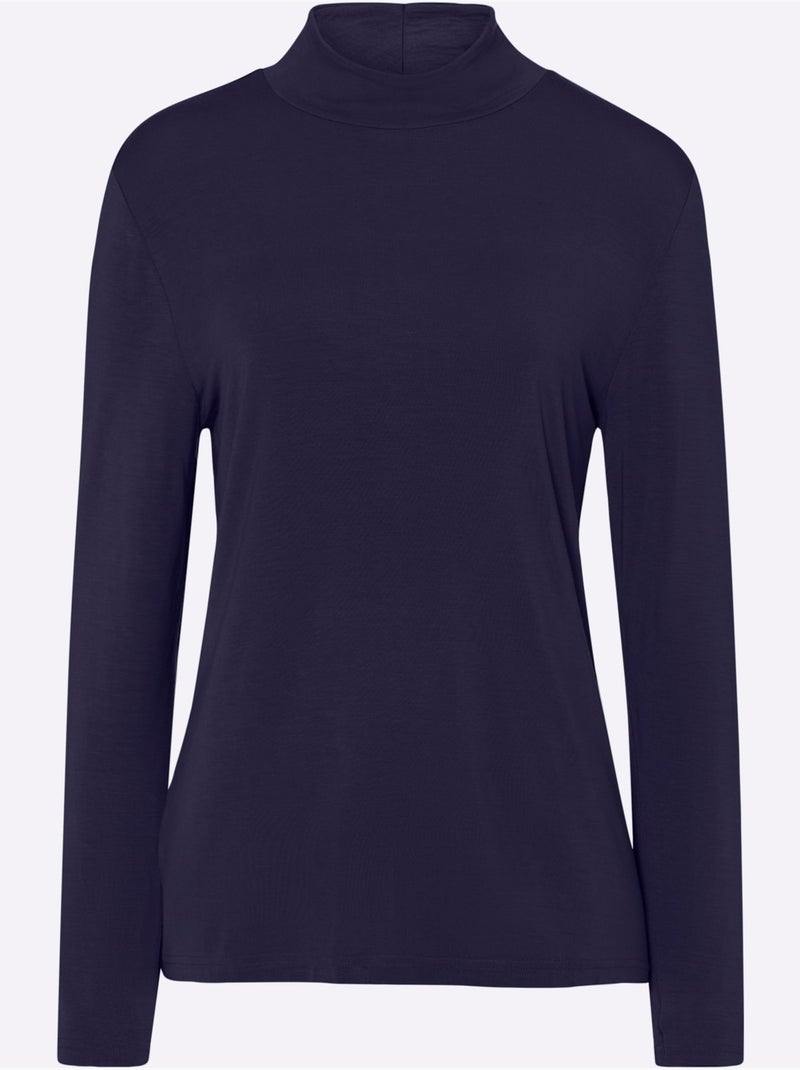 T-shirt à col montant et manches longues en viscose douce - taille standard - moda vilona Bleu marine - Kiabi