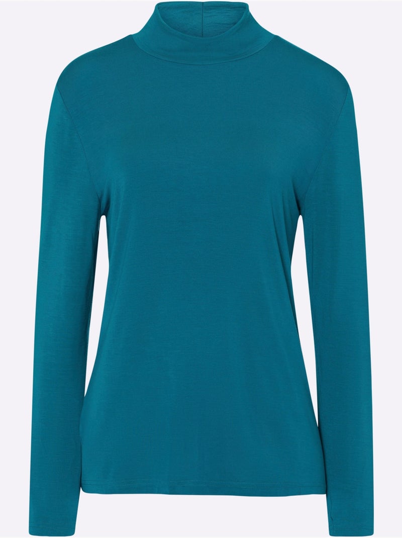T-shirt à col montant et manches longues en viscose douce - taille standard - moda vilona Bleu pétrole - Kiabi