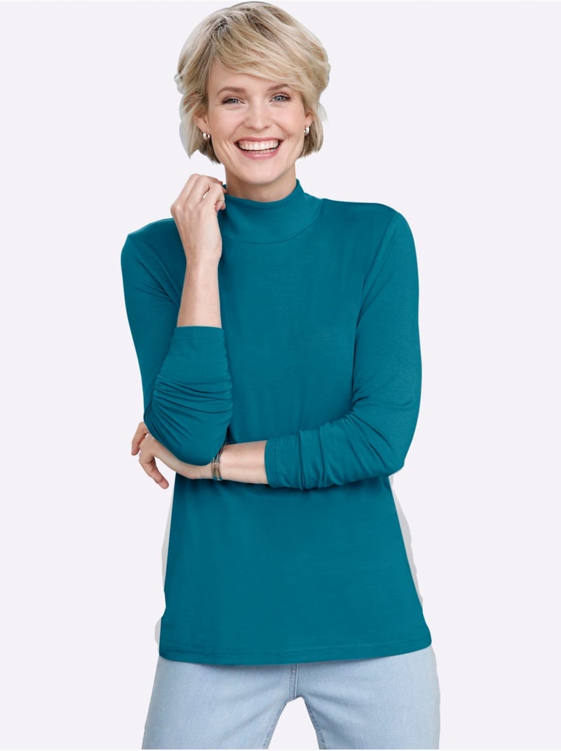 T-shirt à col montant et manches longues en viscose douce - taille standard - moda vilona Bleu pétrole - Kiabi
