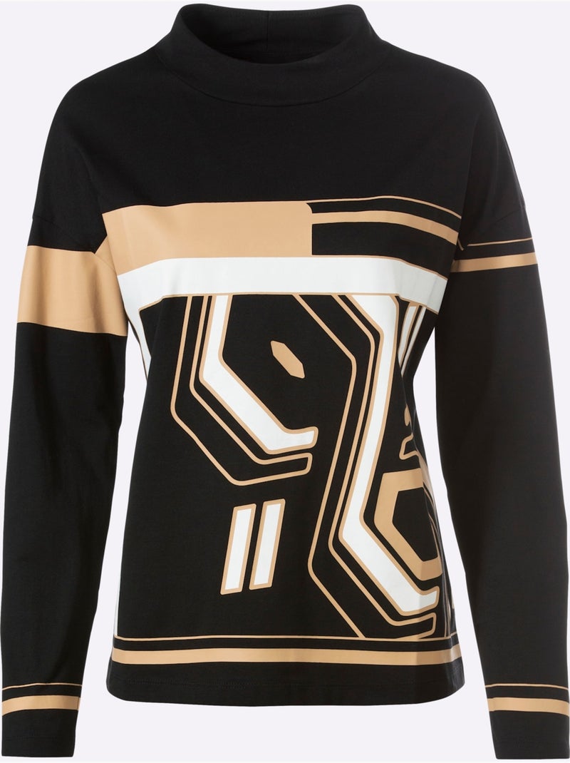 T-shirt à col montant imprimé graphique - taille standard - helline Noir Beige - Kiabi