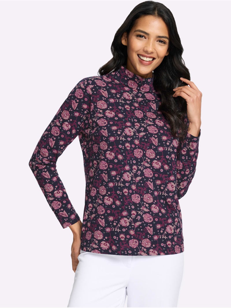 T-shirt à Col Montant Pur Coton - Taille Standard - Moda Vilona Bleu marine - Kiabi