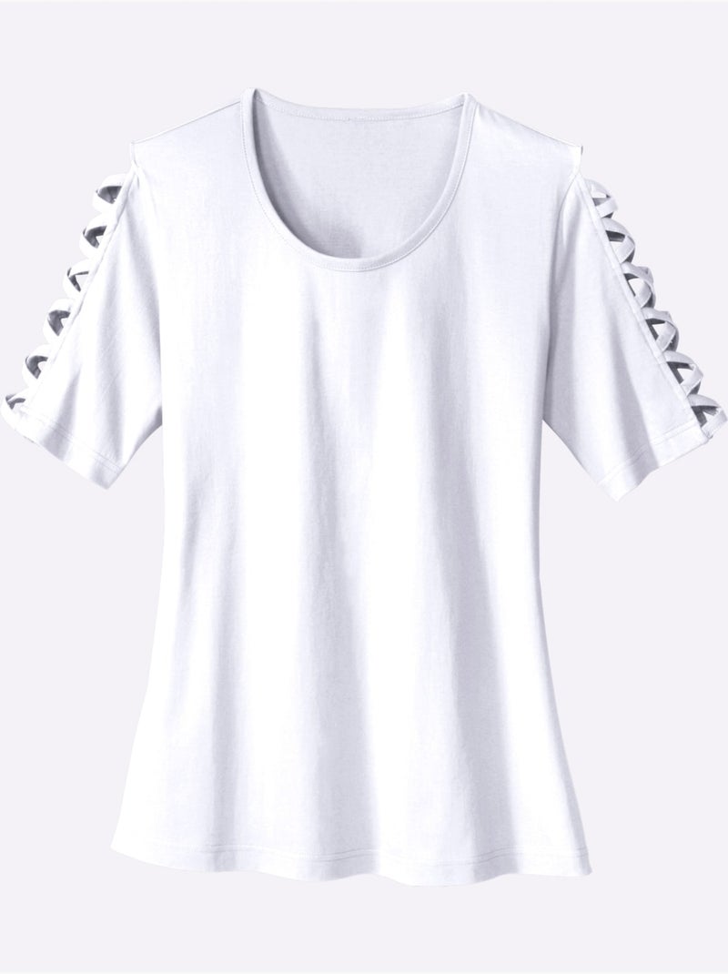 T-shirt à col rond avec fentes et rubans aux manches - Taille standard - Moda Vilona Blanc - Kiabi