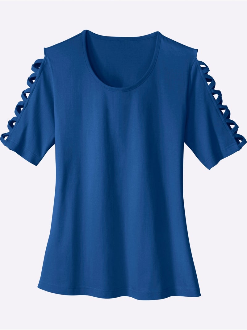 T-shirt à col rond avec fentes et rubans sur les manches - Taille standard - Moda Vilona Bleu roi - Kiabi