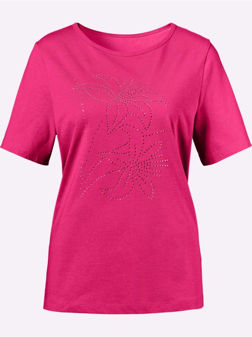 T-shirt à col rond avec fleurs et pierres brillantes - Taille standard - Moda Vilona - Kiabi
