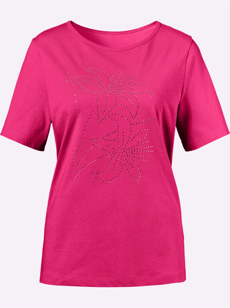 T-shirt à col rond avec fleurs et pierres brillantes - Taille standard - Moda Vilona Rose fushia - Kiabi