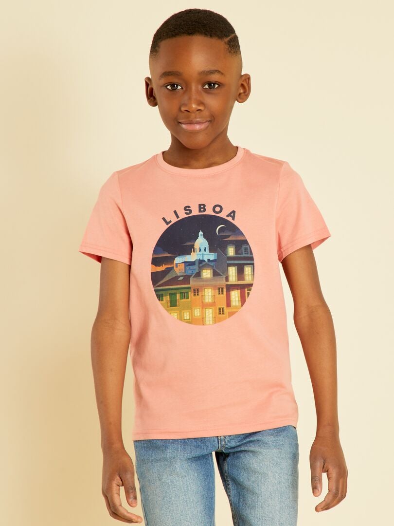 T-shirt à col rond avec imprimé - Mixte Rose orangé - Kiabi