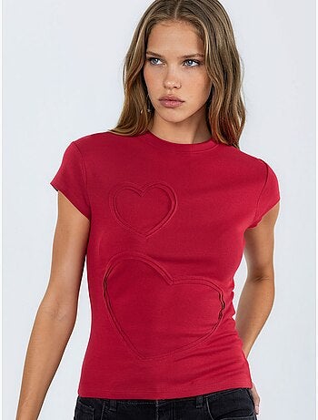 T-shirt à col rond avec imprimé de cœurs brodés busem