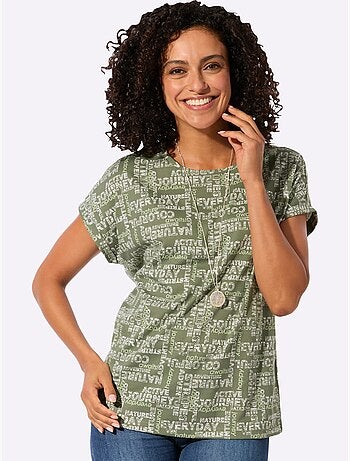 T-shirt à col rond avec mancherons et imprimé graphique - Taille standard - Witt