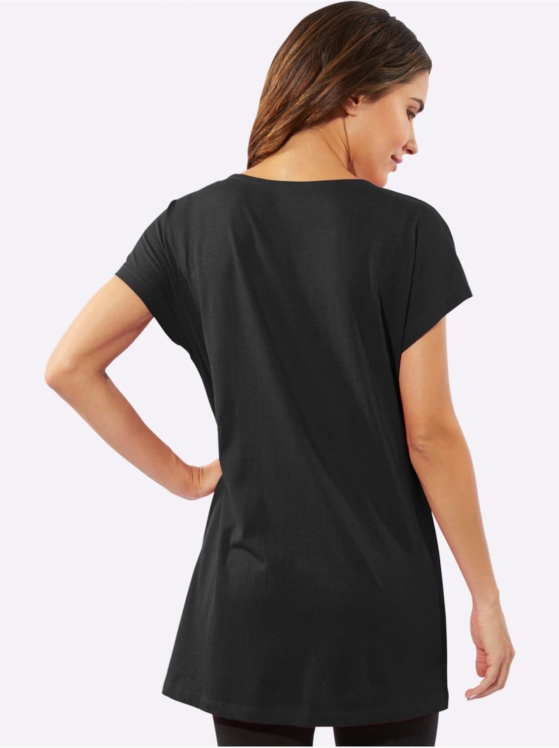 T-shirt à col rond avec mancherons et motifs brillants - Taille standard - Moda Vilona Noir - Kiabi