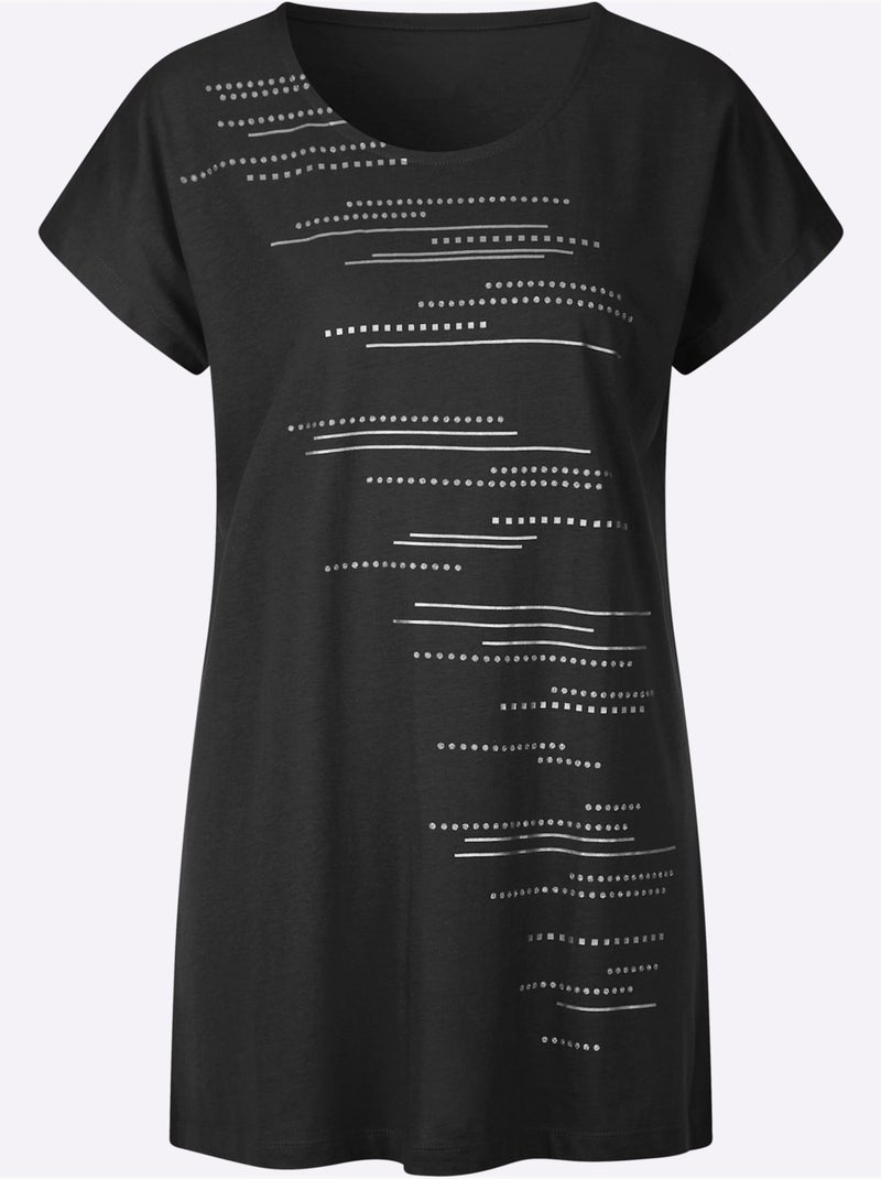 T-shirt à col rond avec mancherons et motifs brillants - Taille standard - Moda Vilona Noir - Kiabi
