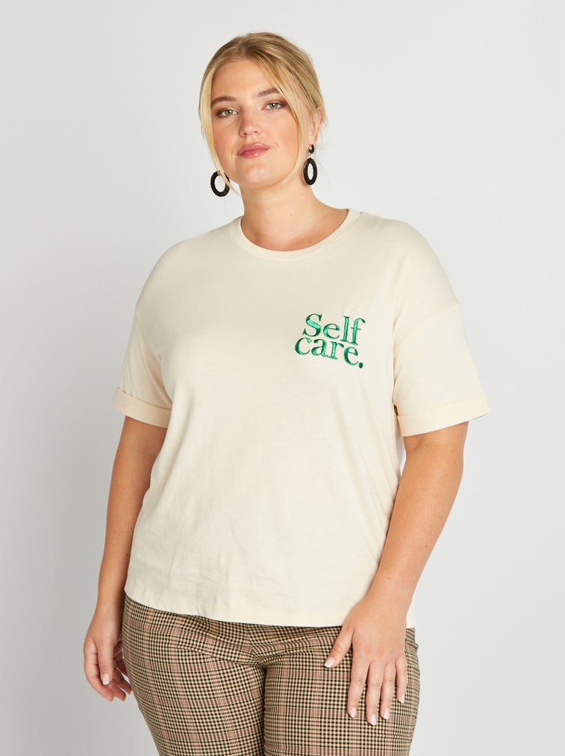 T-shirt à col rond avec message brodé Ecru - Kiabi