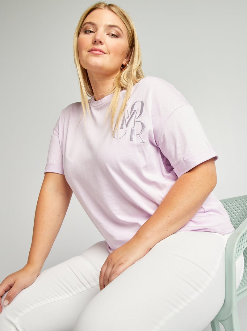 T-shirt à col rond avec message brodé Violet - Kiabi