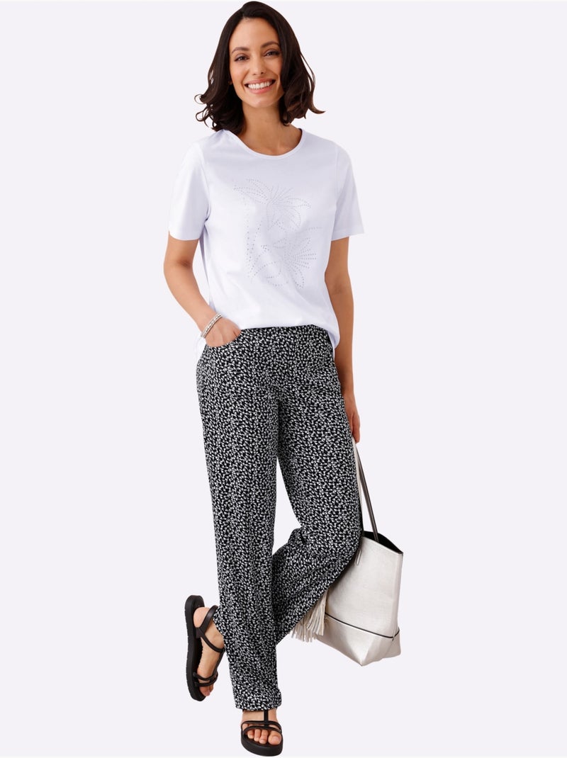 T-shirt à col rond avec motif floral et pierres brillantes - Taille standard - Moda Vilona Blanc - Kiabi