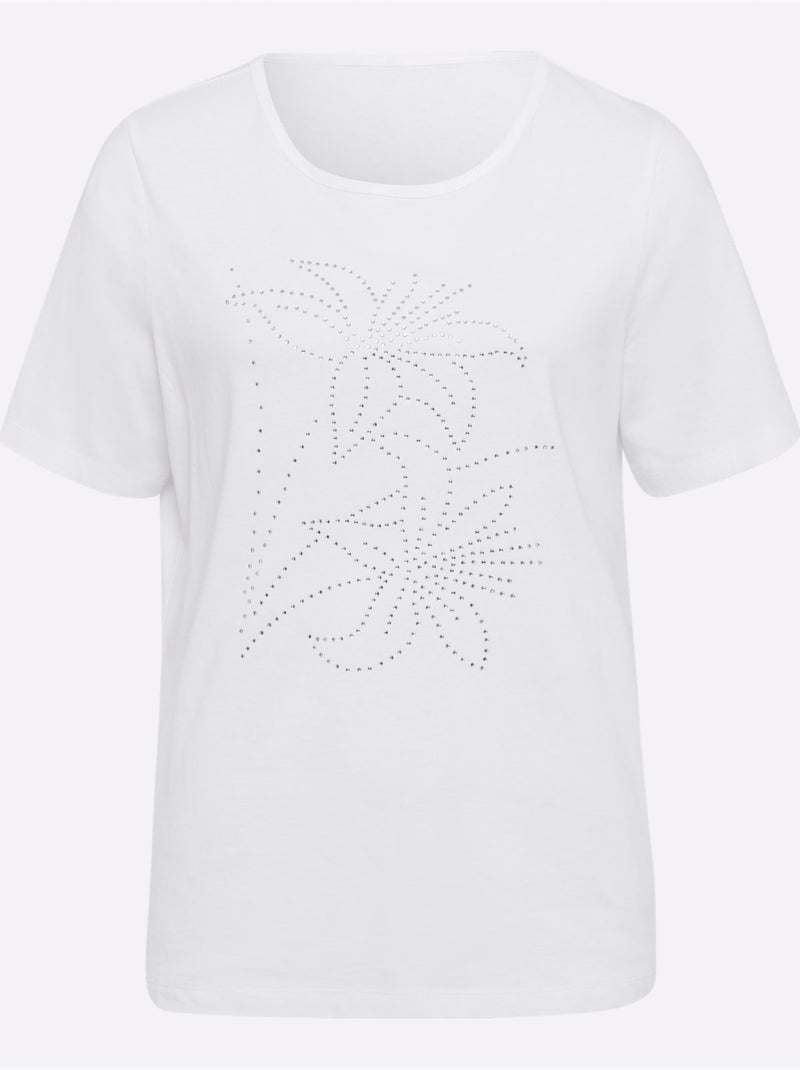 T-shirt à col rond avec motif floral et pierres brillantes - Taille standard - Moda Vilona Blanc - Kiabi