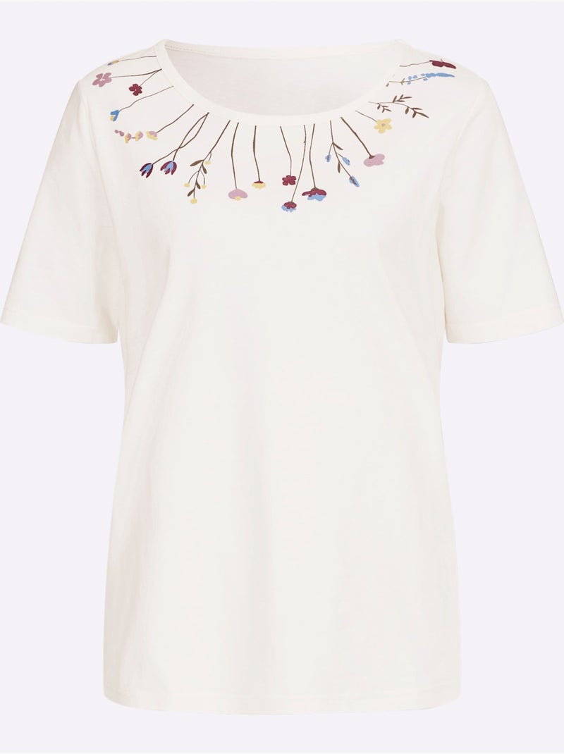 T-shirt à col rond avec motif floral harmonieux - Taille standard - Moda Vilona Bleu Ecru - Kiabi