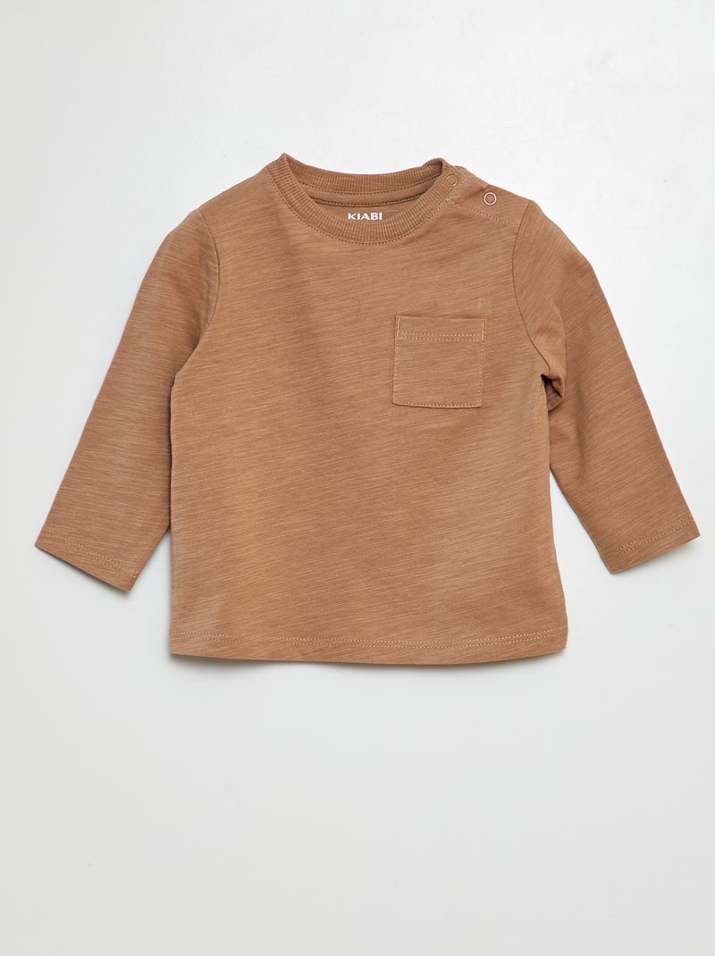 T-shirt à col rond avec poche Marron - Kiabi