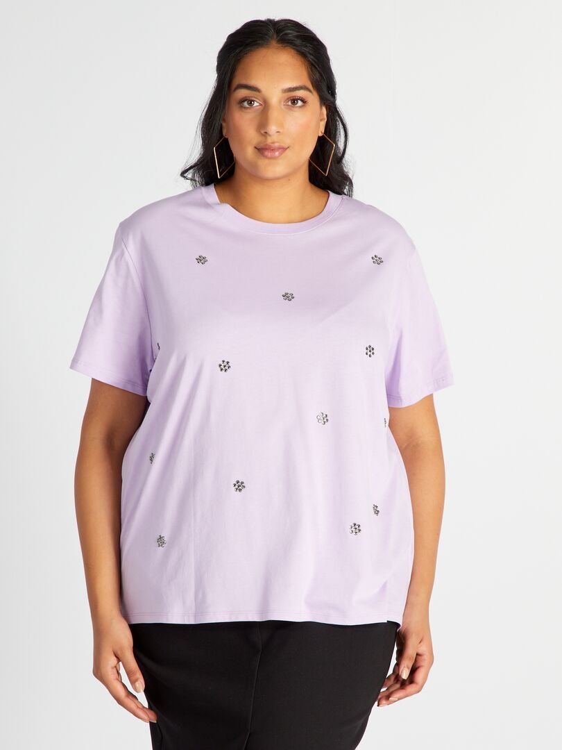 T-shirt à col rond avec strass Rose - Kiabi