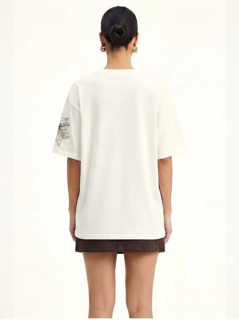 T-shirt à col rond brodé de fleurs lucci Blanc - Kiabi