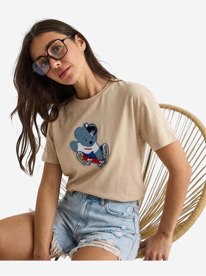 T-shirt à col rond brodé lucci Beige argile - Kiabi