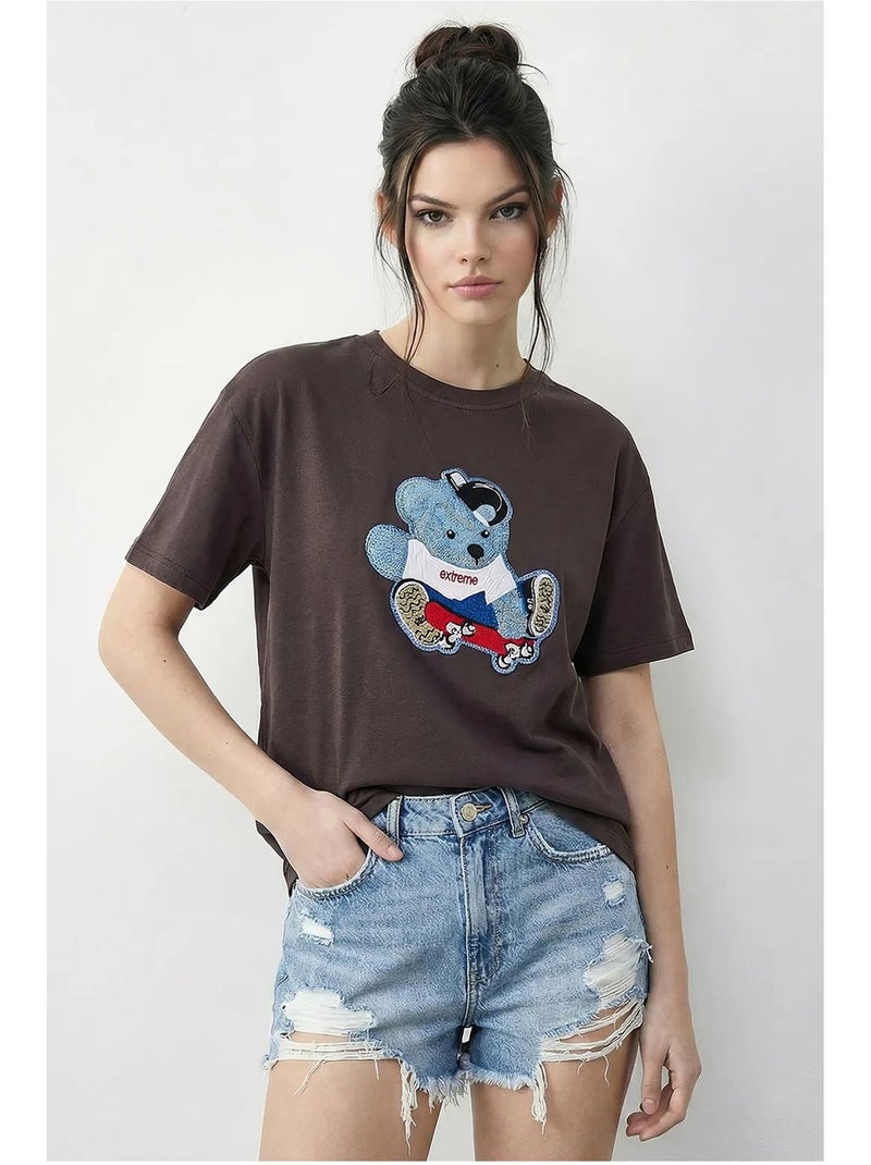 T-shirt à col rond brodé lucci Marron chocolat - Kiabi