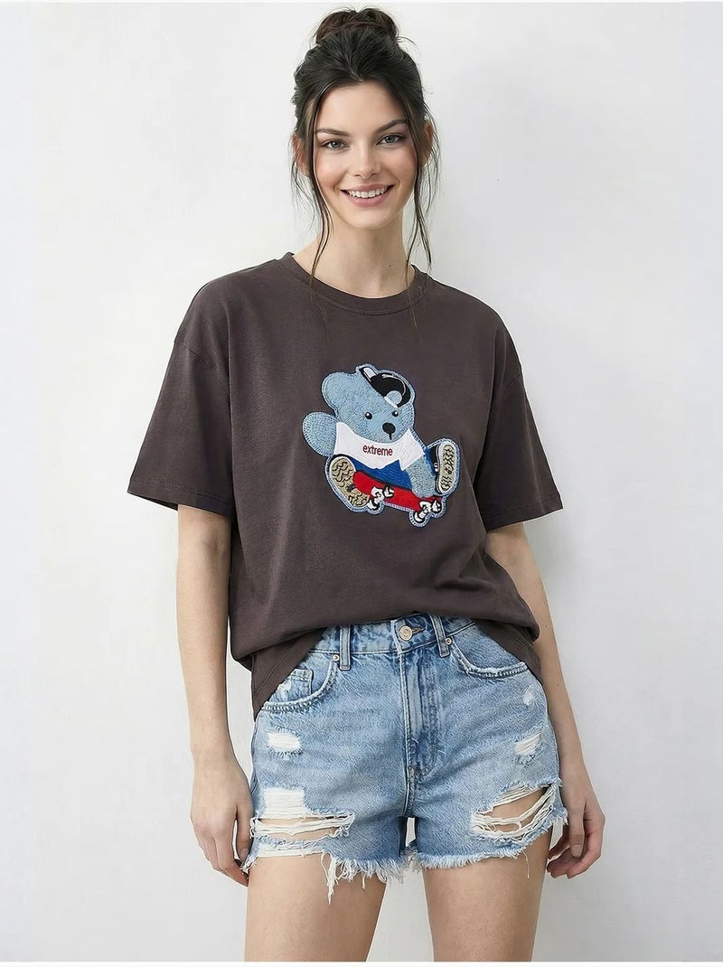 T-shirt à col rond brodé lucci Marron chocolat - Kiabi