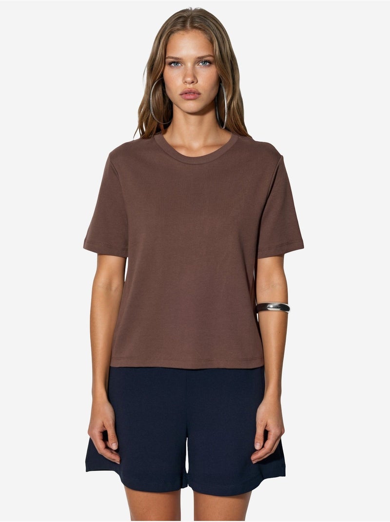 T-shirt à col rond en coton côtelé busem Marron - Kiabi