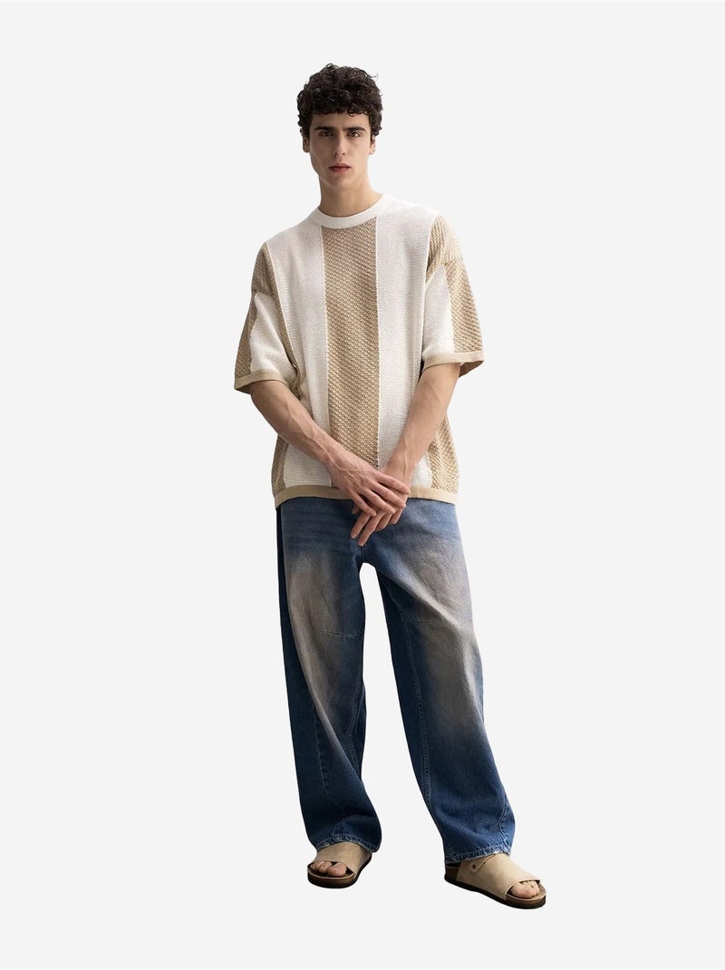 T-shirt à col rond en maille rayée giesto Beige argile - Kiabi