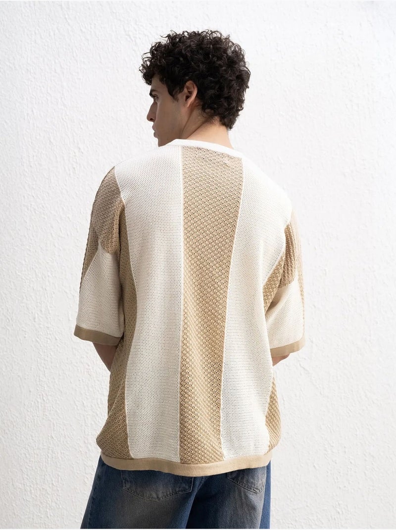 T-shirt à col rond en maille rayée giesto Beige argile - Kiabi