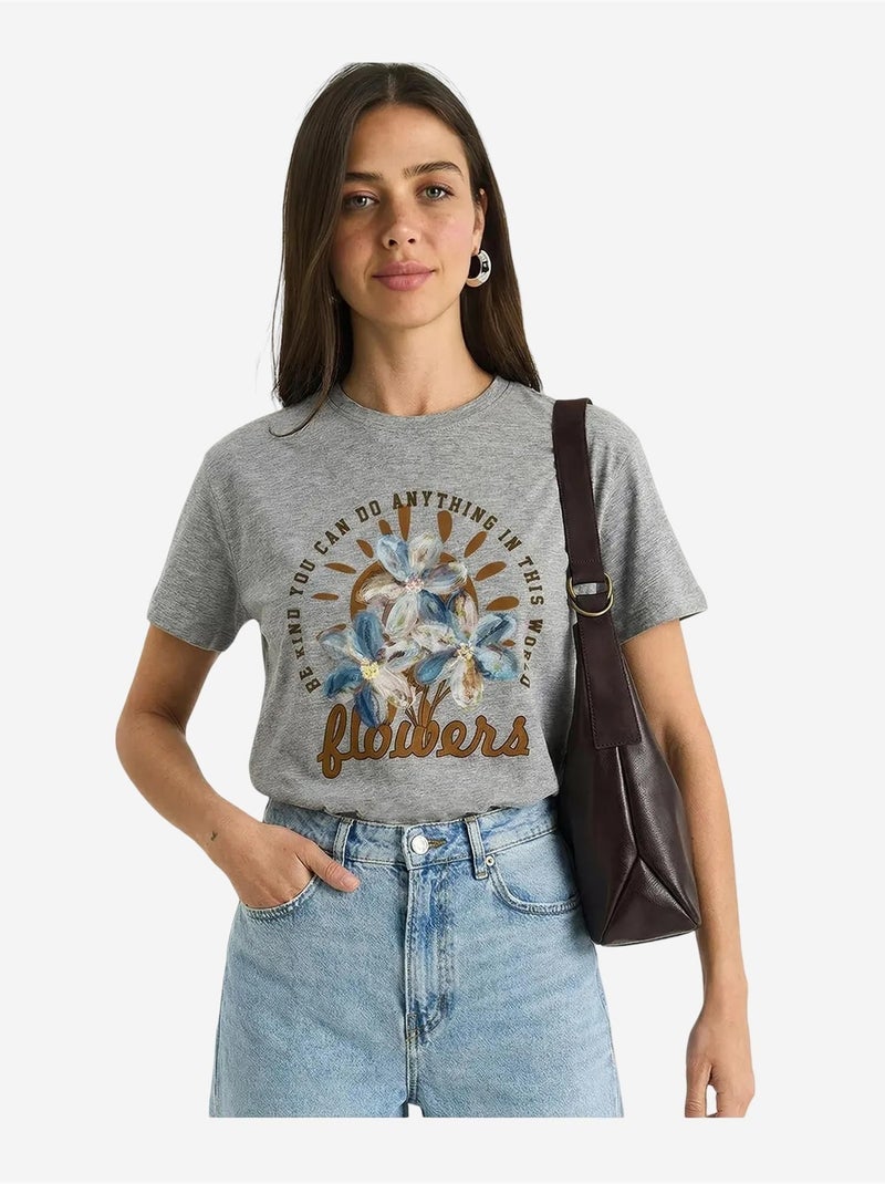 T-shirt à col rond et broderie florale lucci Gris - Kiabi