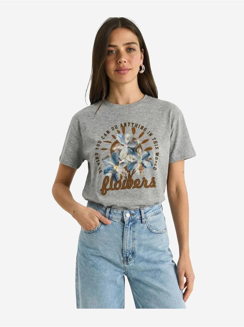 T-shirt à col rond et broderie florale lucci Gris - Kiabi