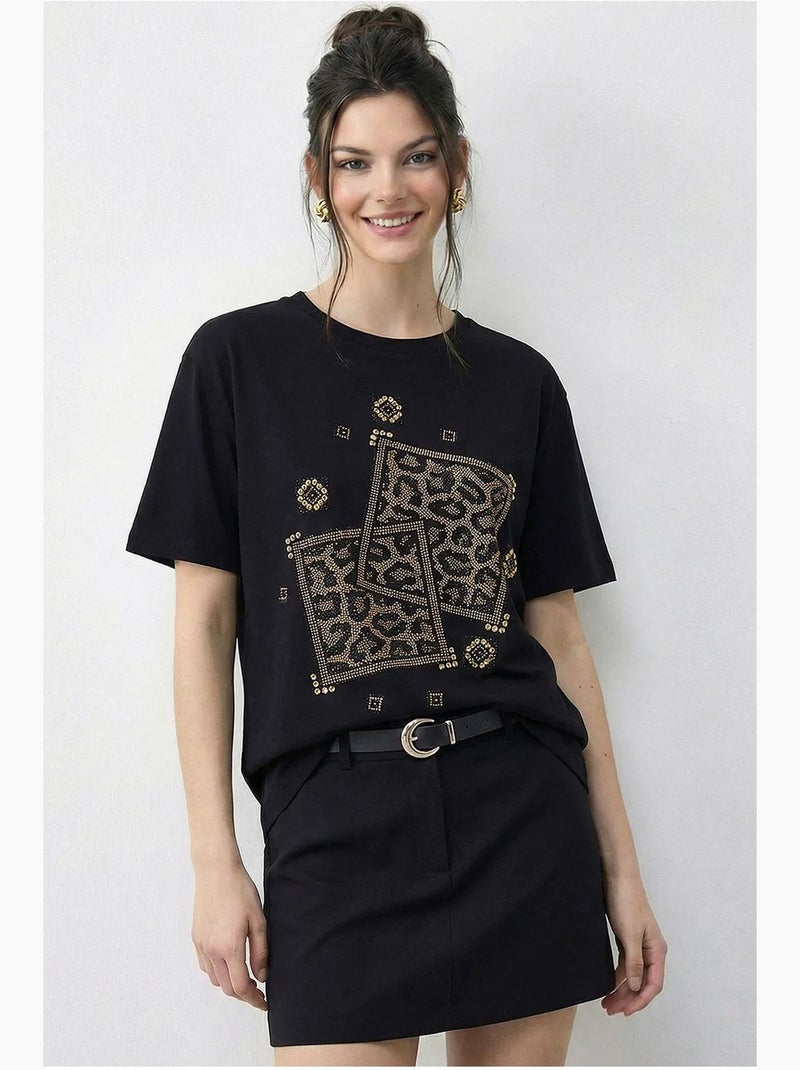 T-shirt à col rond et imprimé géométrique à sequins lucci Noir - Kiabi
