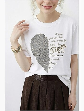 T-shirt à col rond et imprimé texte à sequins lucci