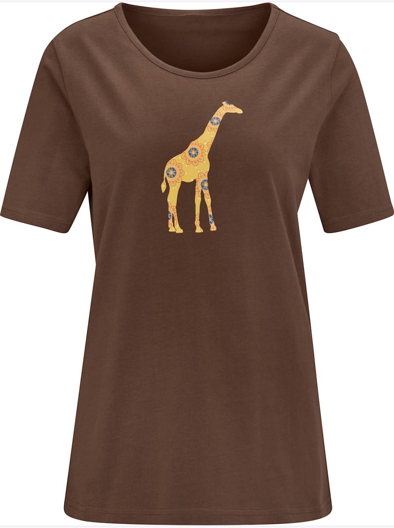 T-shirt à col rond et manches courtes avec motif animalier - Taille standard - Moda Vilona Marron/Choco - Kiabi